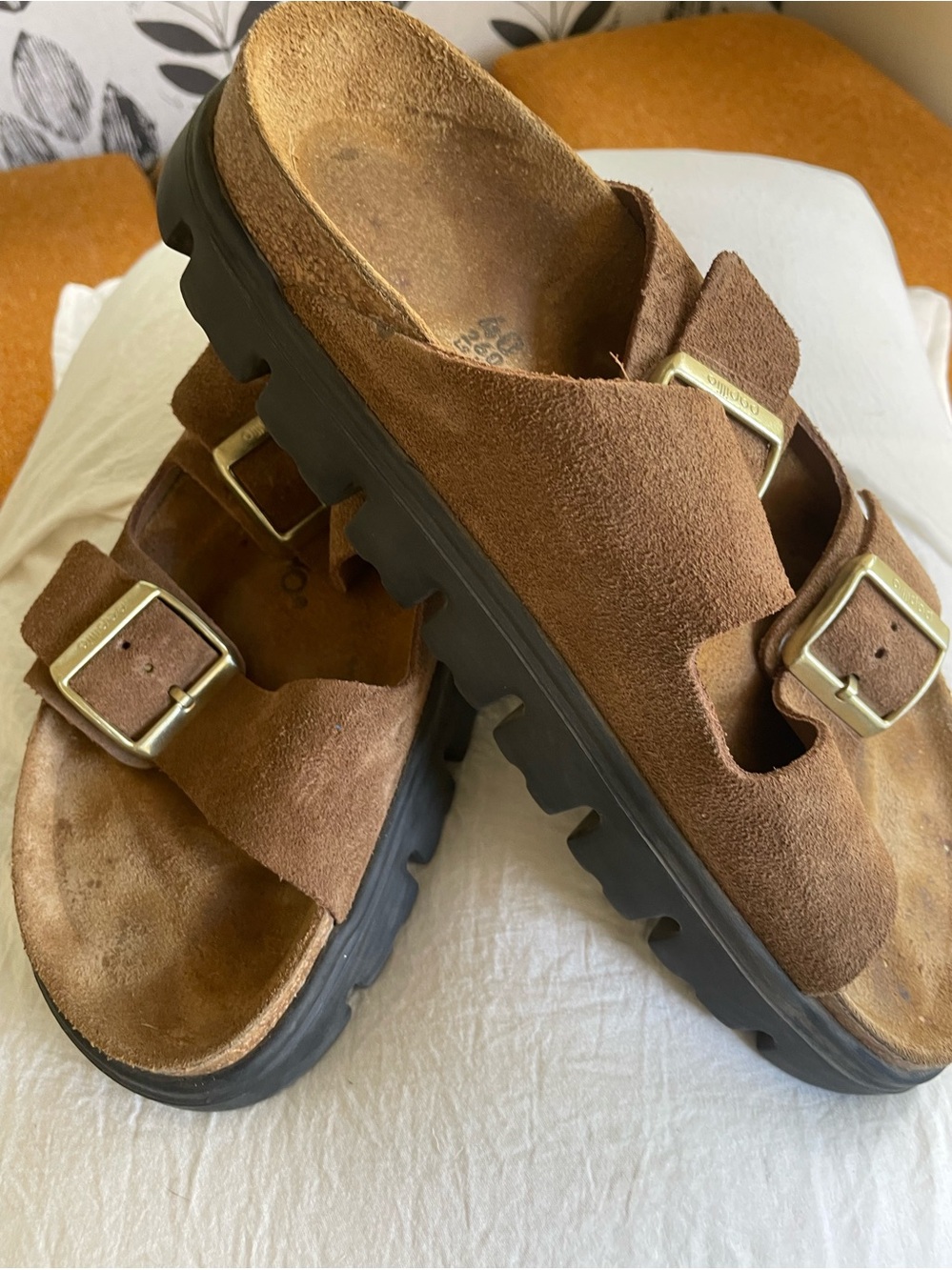 Papillio Birkenstock Brown Suede Double-Buckle Sandals with Thick Lug Sole
